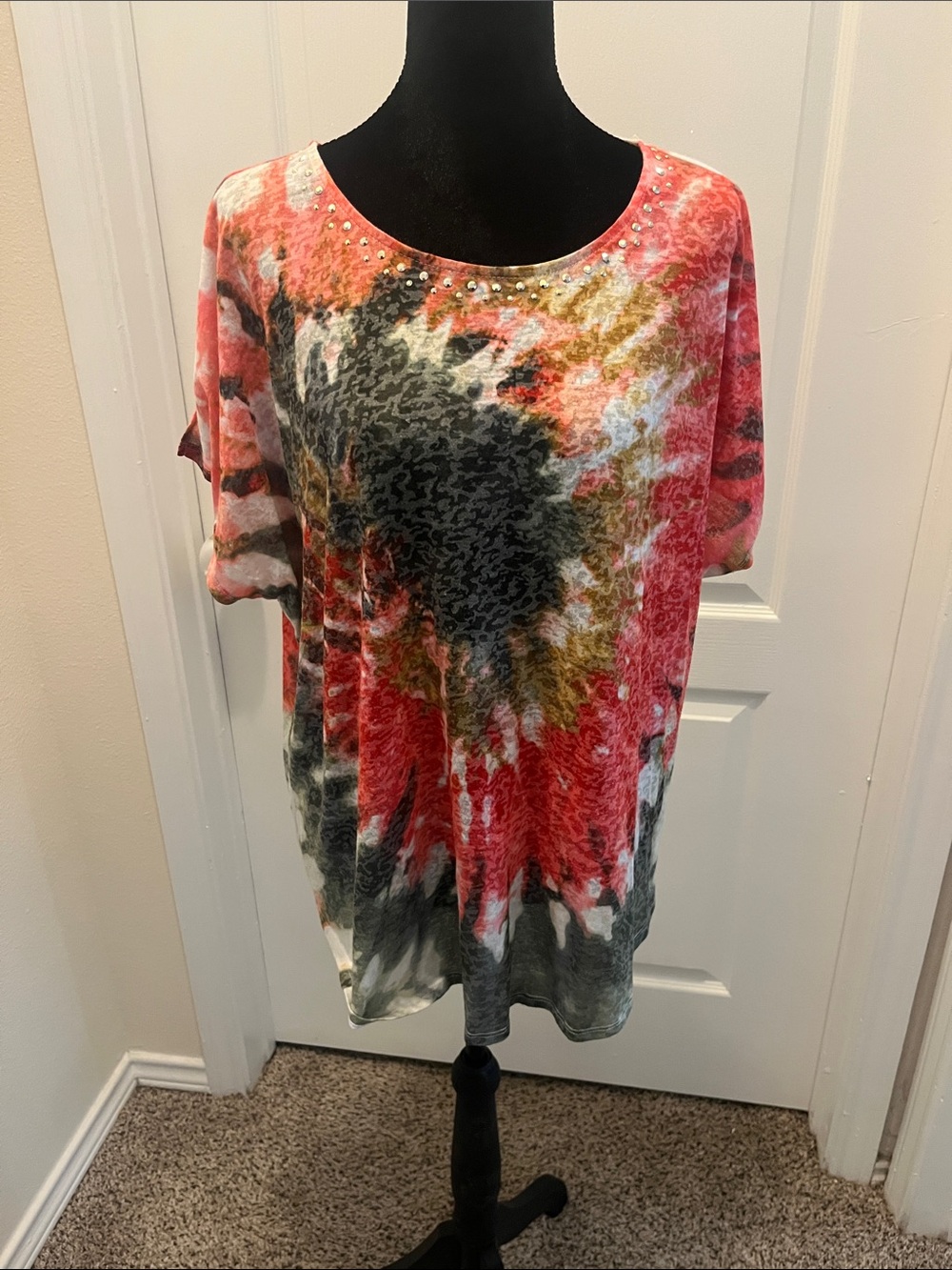 Ruby Rd. Woman - Vibrant Tie Dye Burnout Cap Sleeve Studded Tunic - Size 2X